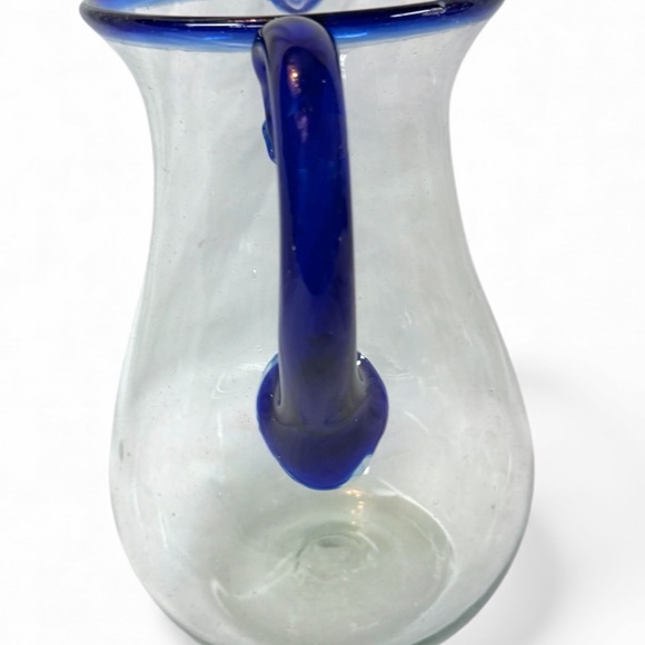 Hand Blown Art Glass Pitcher Cobalt Blue Rim Studio Glass Decor Collectible Vase - Picture 13 of 16